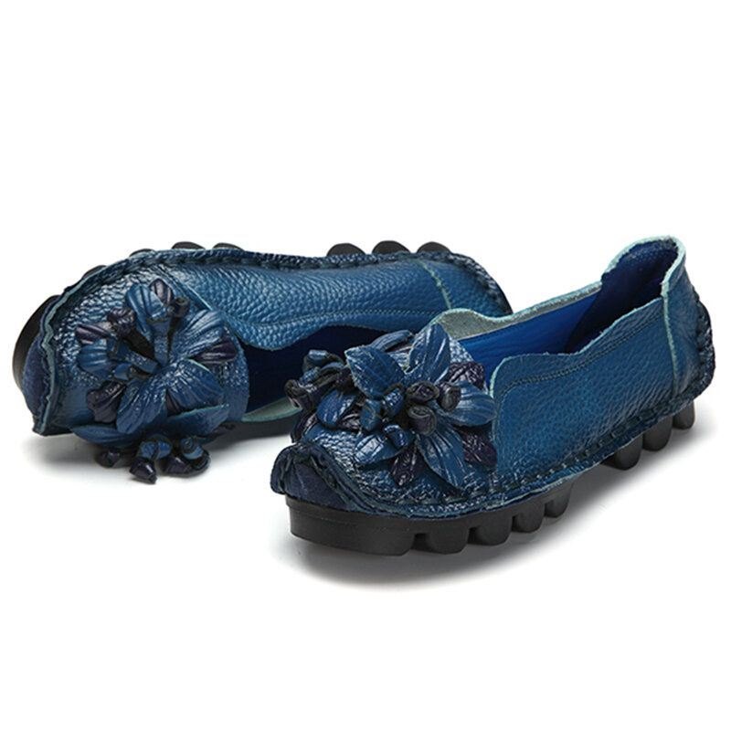 Dame Ekte Skinn Håndlaget Dekorasjonsblomster Vintage Slip On Flats Loafers