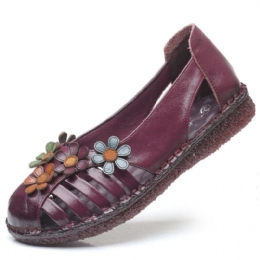 Dame Ekte Skinn Pustende Blomsterdekorasjon Retro Slip On Soft Flats