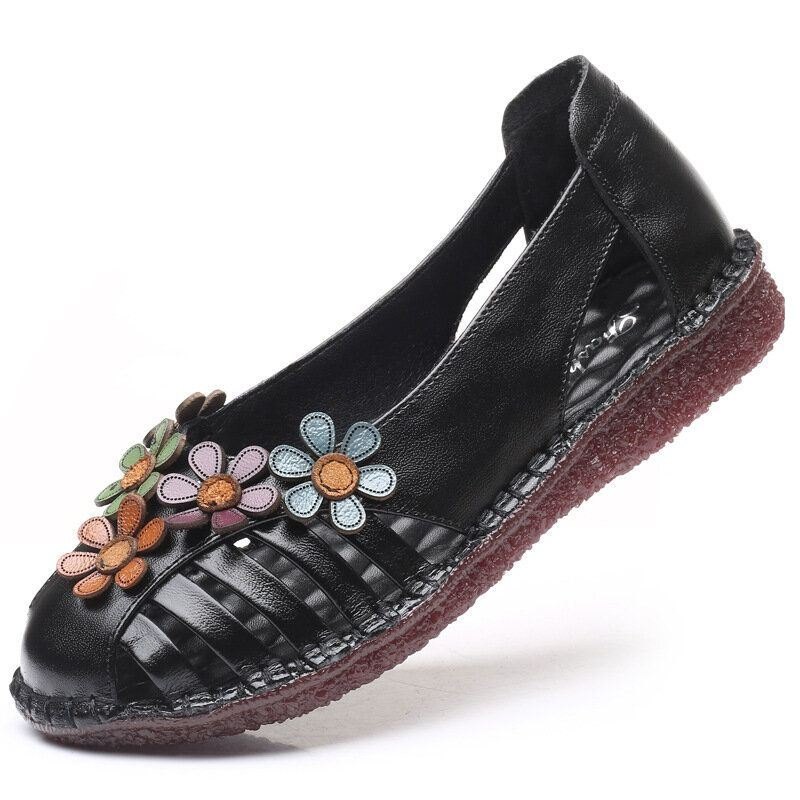 Dame Ekte Skinn Pustende Blomsterdekorasjon Retro Slip On Soft Flats