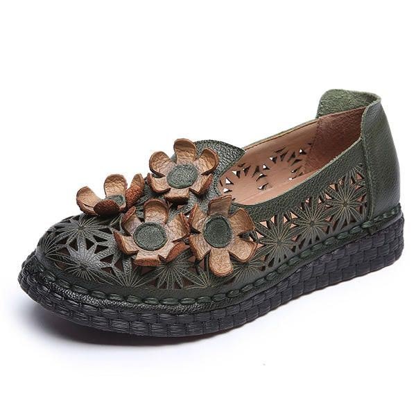 Dame Ekte Skinn Retro Håndlaget Sko Hollow Out Flower Flats