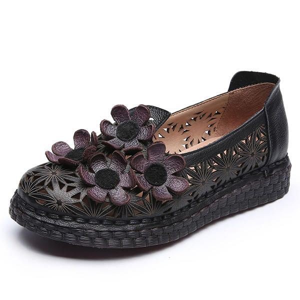 Dame Ekte Skinn Retro Håndlaget Sko Hollow Out Flower Flats