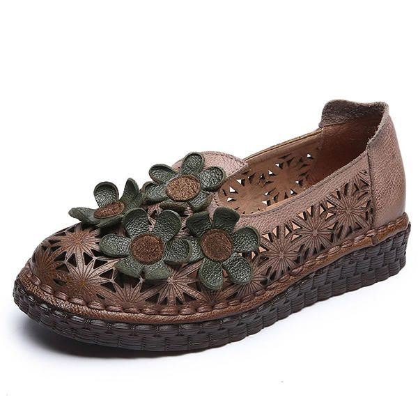 Dame Ekte Skinn Retro Håndlaget Sko Hollow Out Flower Flats