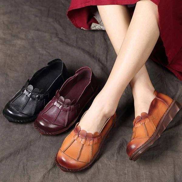 Dame Ekte Skinn Retro Myk Komfortable Flats Slip-on Loafers