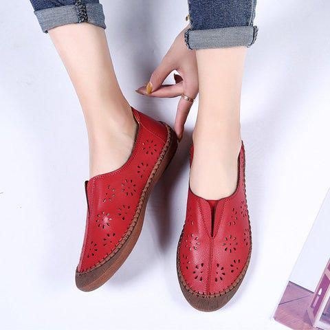 Dame Ekte Skinn Slip On Elastisk Band Pustende Hollow Out Spring Causal Flats Loafers