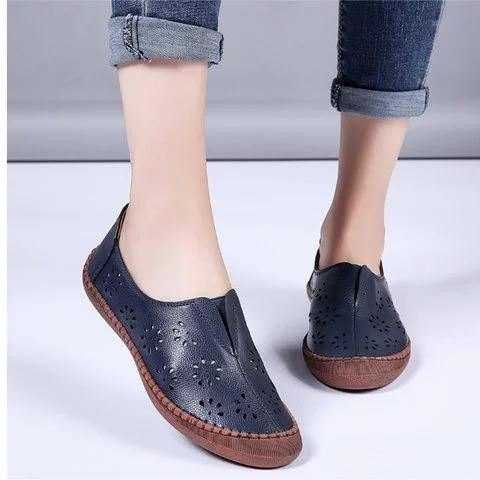 Dame Ekte Skinn Slip On Elastisk Band Pustende Hollow Out Spring Causal Flats Loafers