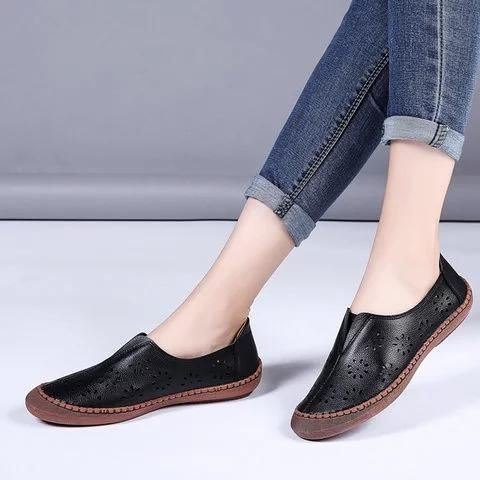 Dame Ekte Skinn Slip On Elastisk Band Pustende Hollow Out Spring Causal Flats Loafers