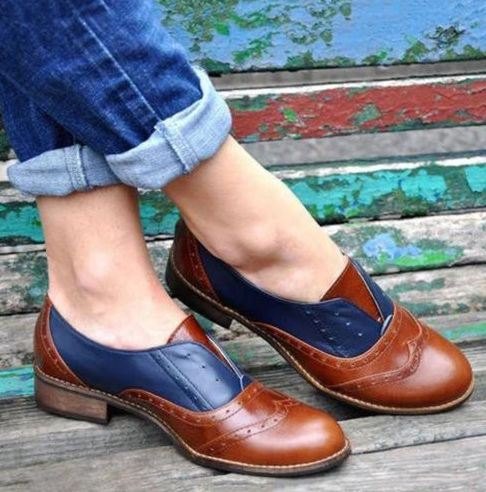 Dame Farge Skjøting Firkantet Hæl Rund Tå Brogue Oxfords Casual Flats Loafers