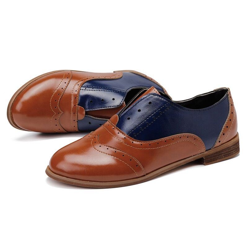 Dame Farge Skjøting Firkantet Hæl Rund Tå Brogue Oxfords Casual Flats Loafers