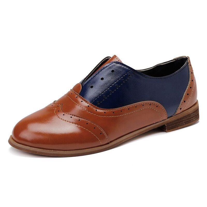 Dame Farge Skjøting Firkantet Hæl Rund Tå Brogue Oxfords Casual Flats Loafers