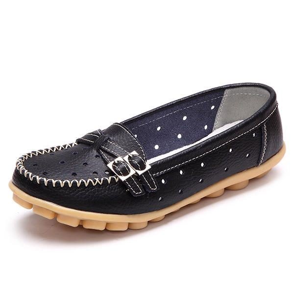 Dame Flat Hollow Out Uformelt Mykt Skinn Slip On Runde Toe Loafers