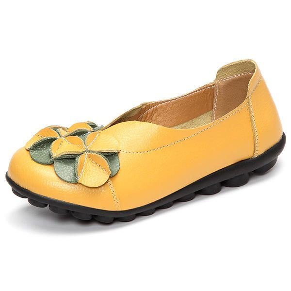 Dame Flower Flat Shoes Casual Outdoor Leather Slip On Runde Tå Loafers