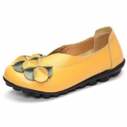 Dame Flower Flat Shoes Casual Outdoor Leather Slip On Runde Tå Loafers