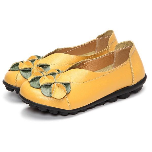 Dame Flower Flat Shoes Casual Outdoor Leather Slip On Runde Tå Loafers