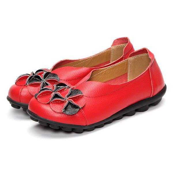 Dame Flower Flat Shoes Casual Outdoor Leather Slip On Runde Tå Loafers