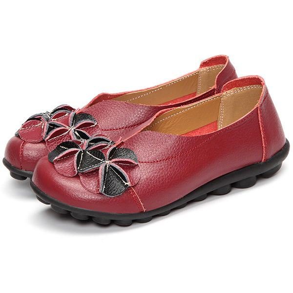 Dame Flower Flat Shoes Casual Outdoor Leather Slip On Runde Tå Loafers