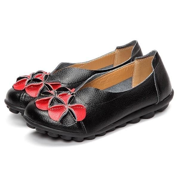 Dame Flower Flat Shoes Casual Outdoor Leather Slip On Runde Tå Loafers