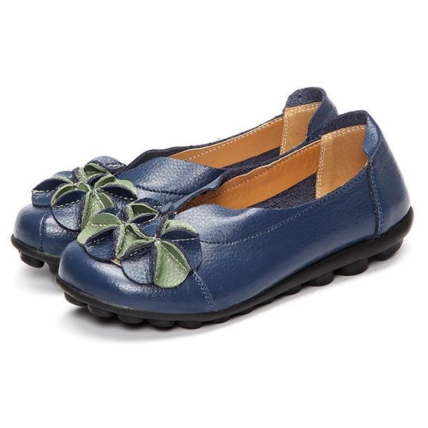 Dame Flower Flat Shoes Casual Outdoor Leather Slip On Runde Tå Loafers