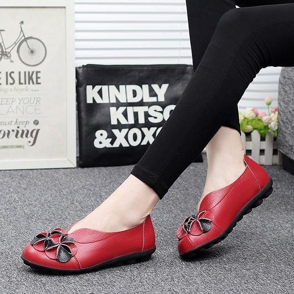 Dame Flower Flat Shoes Casual Outdoor Leather Slip On Runde Tå Loafers