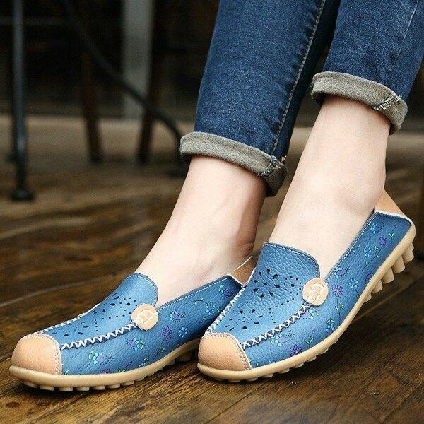 Dame Fritidssko Pustende Hollow Out Flats Soft Sole Loafers Blomstertrykk Loafers