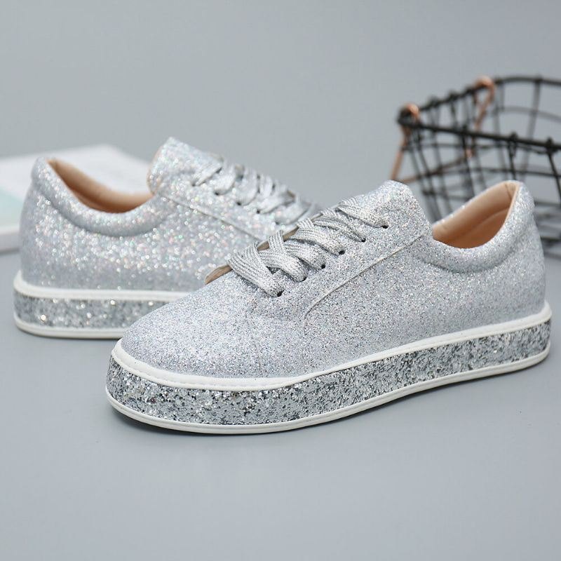 Dame Glitter Paljetter Mote Snøring Fest Uformell Plattform Sko Flats