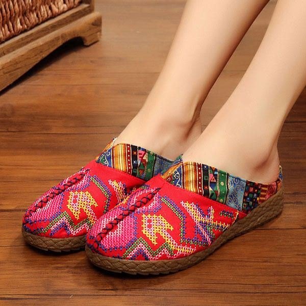 Dame Lin Casual Outdoor Brodery Flat Slipper Sko