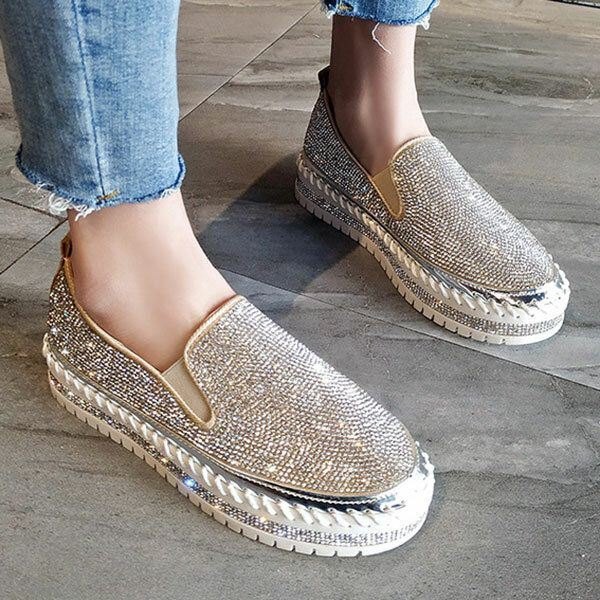 Dame Plus Size Rhinestone Dekorasjon Pustende Slip On Comfy Casual Flats