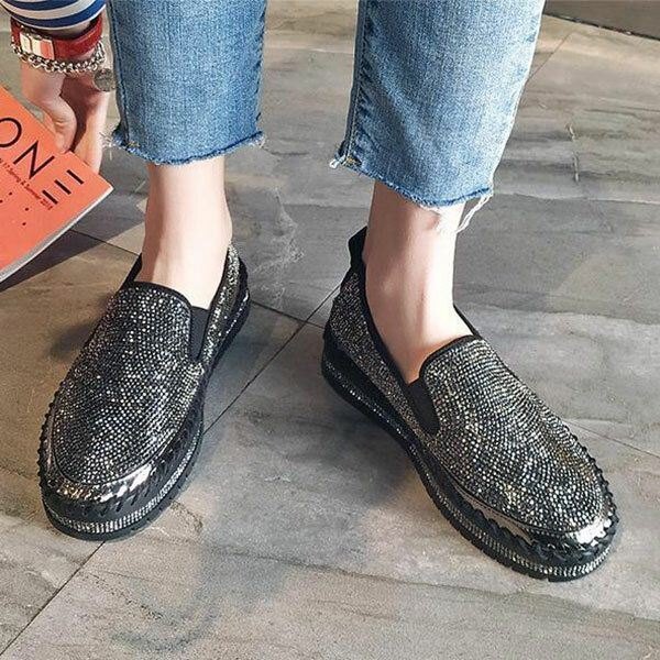 Dame Plus Size Rhinestone Dekorasjon Pustende Slip On Comfy Casual Flats