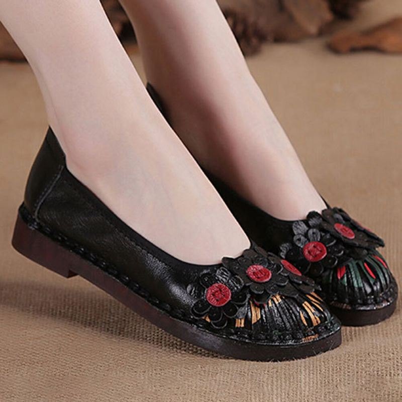 Dame Retro Blomster Dekor Håndlaget Søm Non Slp Soft Loafers