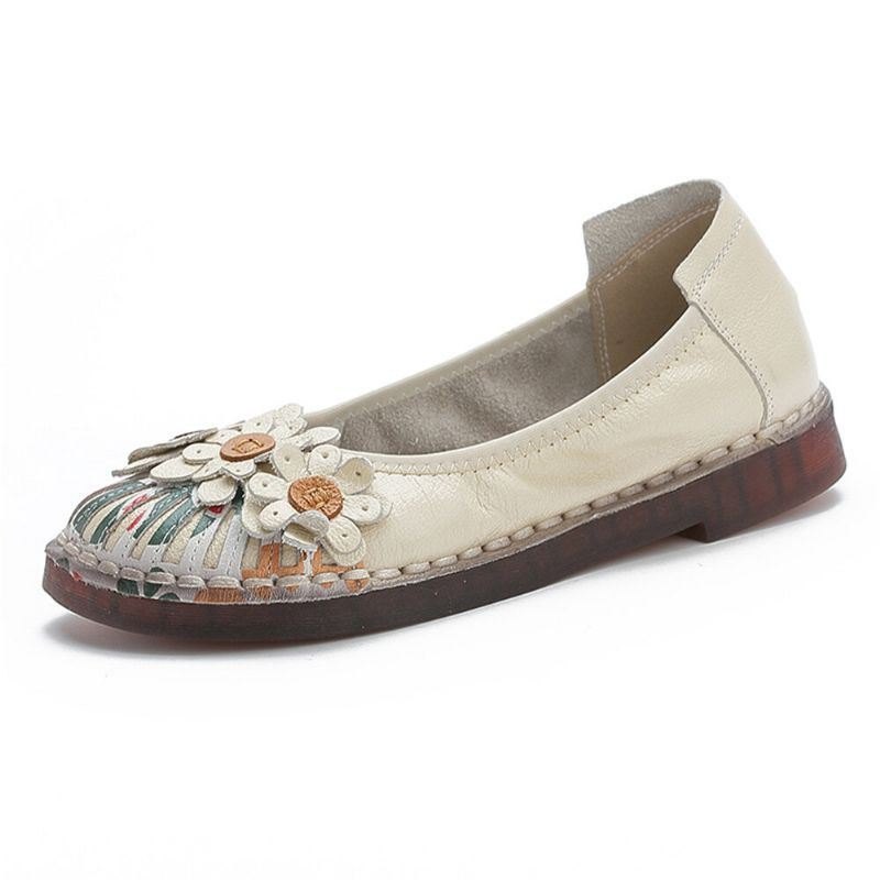 Dame Retro Blomster Dekor Håndlaget Søm Non Slp Soft Loafers