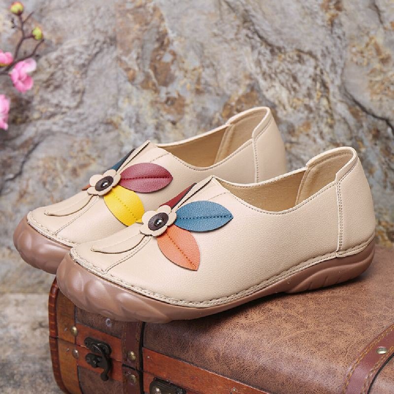 Dame Retro Flower Stitching Comfy Runde Toe Slip On Flat Loafers Sko