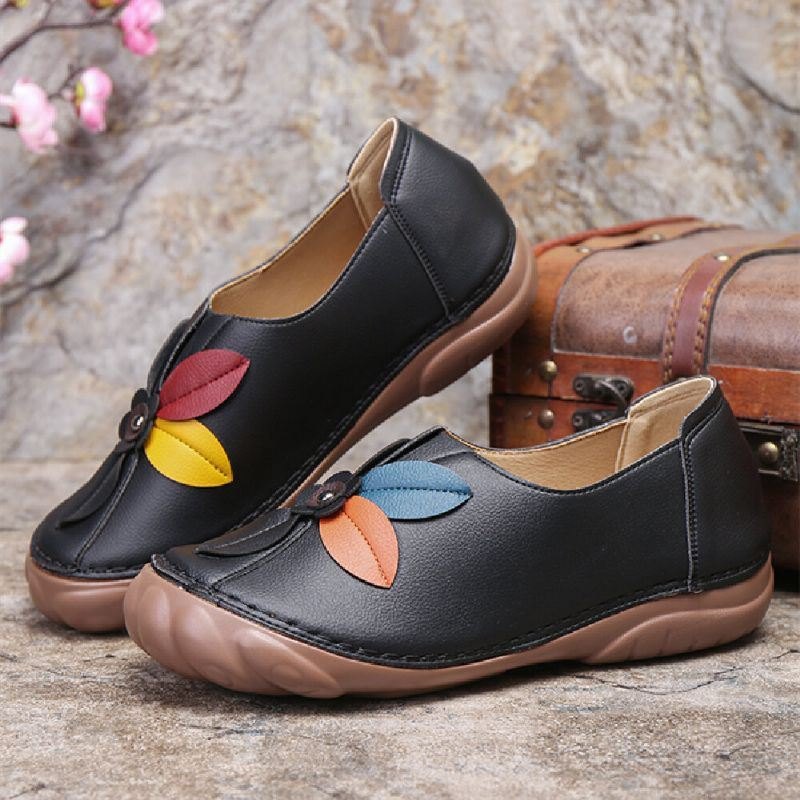 Dame Retro Flower Stitching Comfy Runde Toe Slip On Flat Loafers Sko