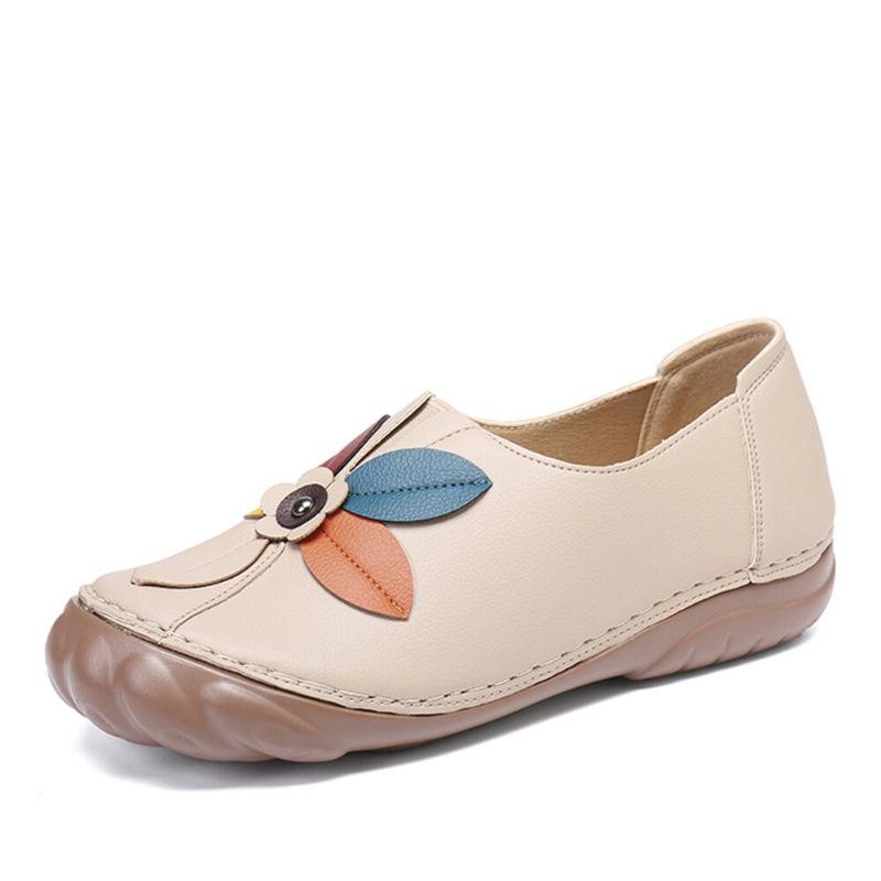 Dame Retro Flower Stitching Comfy Runde Toe Slip On Flat Loafers Sko