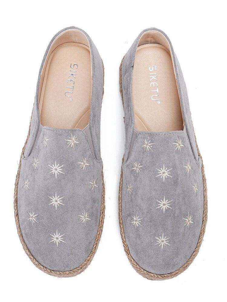 Dame Uformelt Semsket Skinn Rund Toe Star Broderte Espadrilles Fisherman's Flats Loafers