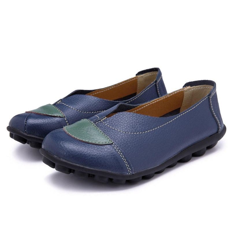 Dame V-formet Søm Leather Casual Flat Loafers Sko