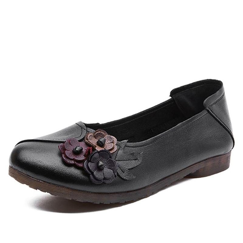 Dame Vintage Floral Rund Toe Ekte Skinn Myk Såle Slip On Comfy Flats