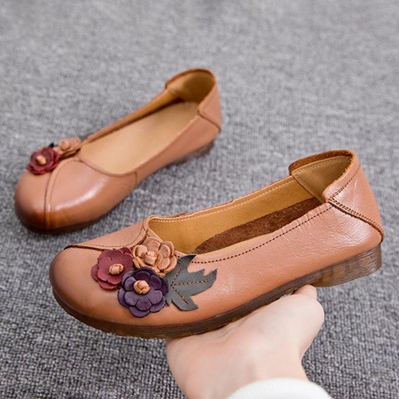 Dame Vintage Floral Rund Toe Ekte Skinn Myk Såle Slip On Comfy Flats