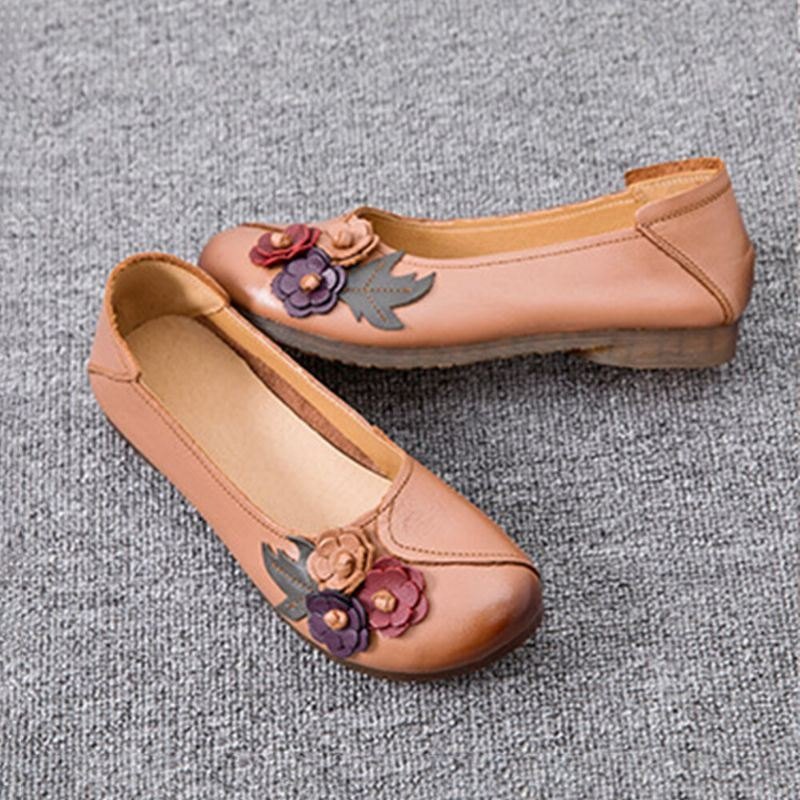 Dame Vintage Floral Rund Toe Ekte Skinn Myk Såle Slip On Comfy Flats