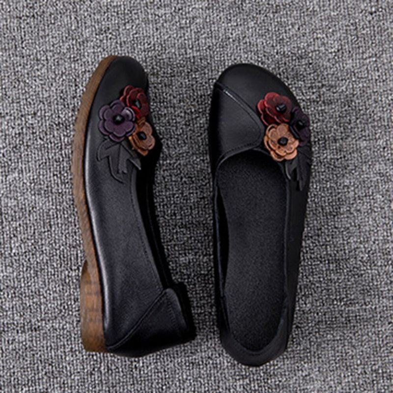 Dame Vintage Floral Rund Toe Ekte Skinn Myk Såle Slip On Comfy Flats