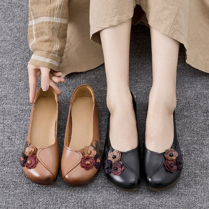 Dame Vintage Floral Rund Toe Ekte Skinn Myk Såle Slip On Comfy Flats