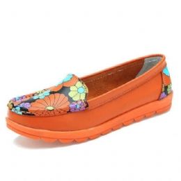 Damemote Uformell Komfortabel Myk Pustende Blomsterskinn Rund Toe Flat Loafer Sko