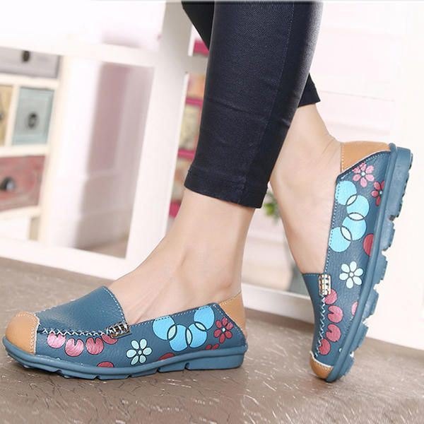 Flate Damesko Komfortable Pustende Slip On Flower Flower Flat Loafers Sko