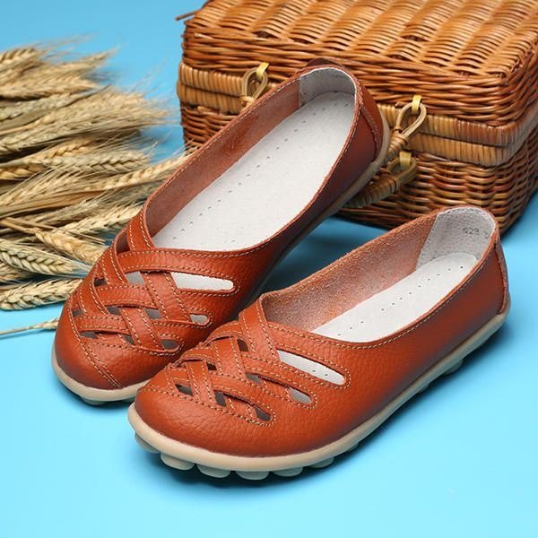 Hollow Out Leather Loafers Moccasin Casual Flat Shoes For Kvinner