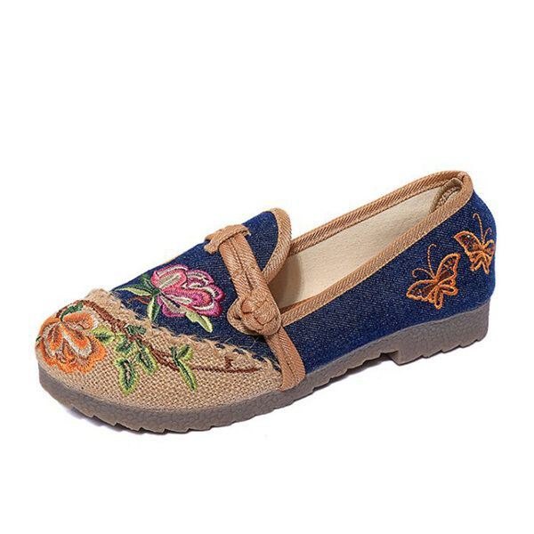 Kinesisk Blomsterbrodert Retro Slip-on Sko Med Flat Rund Tå