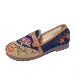 Kinesisk Blomsterbrodert Retro Slip-on Sko Med Flat Rund Tå