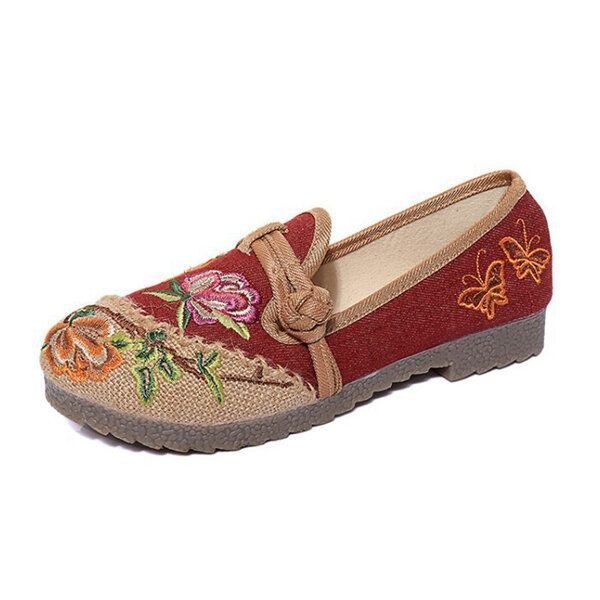 Kinesisk Blomsterbrodert Retro Slip-on Sko Med Flat Rund Tå