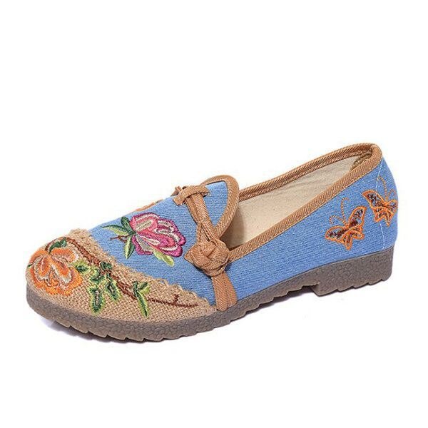 Kinesisk Blomsterbrodert Retro Slip-on Sko Med Flat Rund Tå