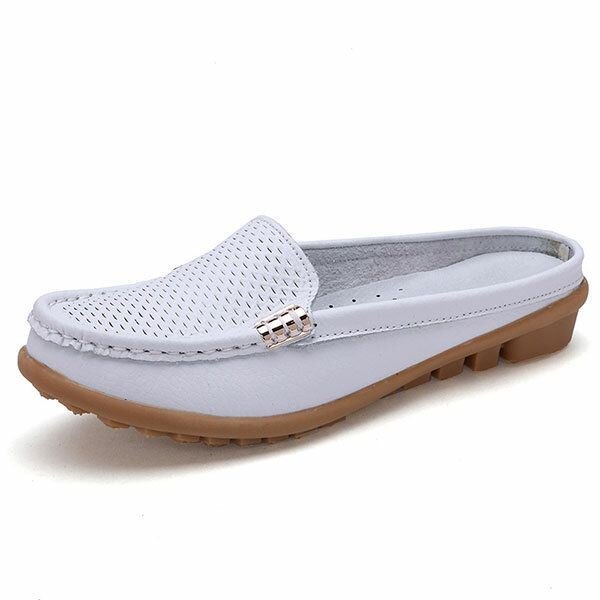 Nye Dame Uformell Mote Pustende Rund Tå Slip-on Skinn Flate Sandaler Sko