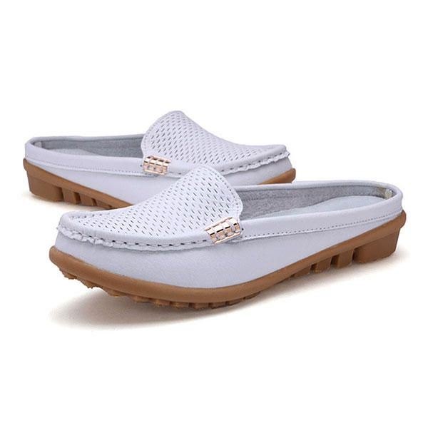 Nye Dame Uformell Mote Pustende Rund Tå Slip-on Skinn Flate Sandaler Sko