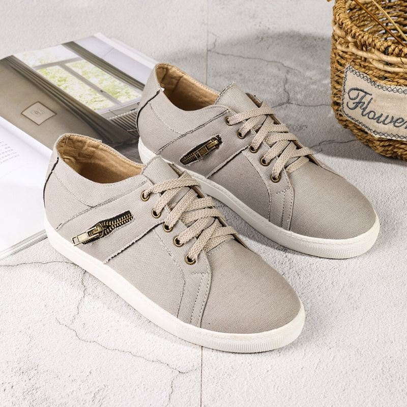 Plus Size Dame Retro Glidelås Dekor Canvas Lace Up Flat Casual Sko