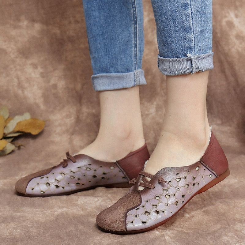 Retro Colorblock Skjøt Skinn Floral Hul Elastisk Stropp Slip-on Flat Sko